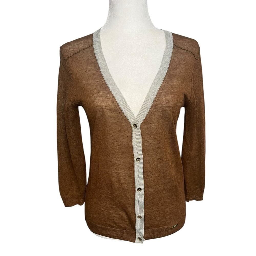 RACHEL ROY Linen Rust Brown & Silver 3/4 Sleeve‎ Cardigan Sweater Women's Size S